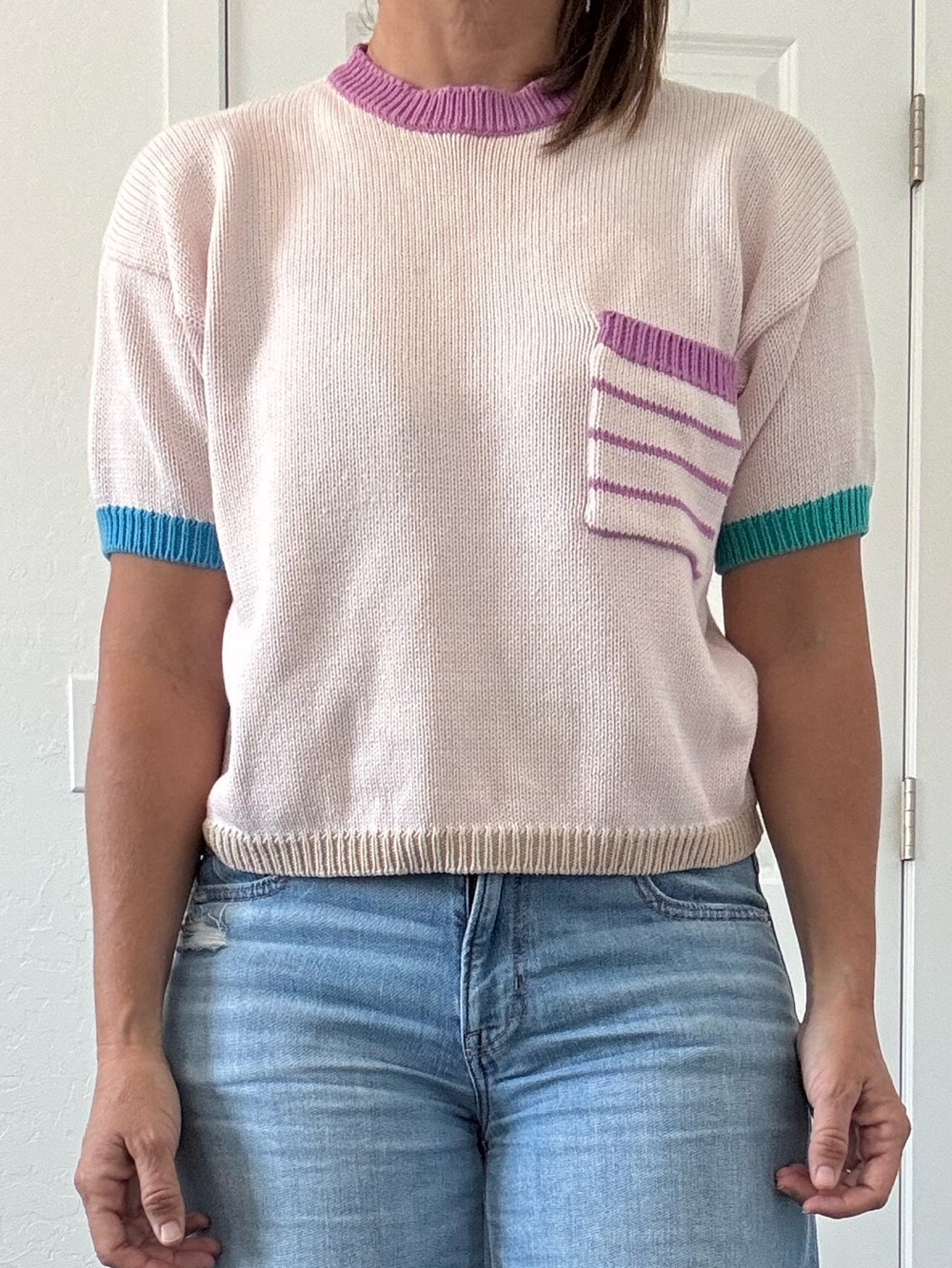 Vintage 80s Le Moda Sportswear Colorblock 100% Cotton Pastel Knit Sweater